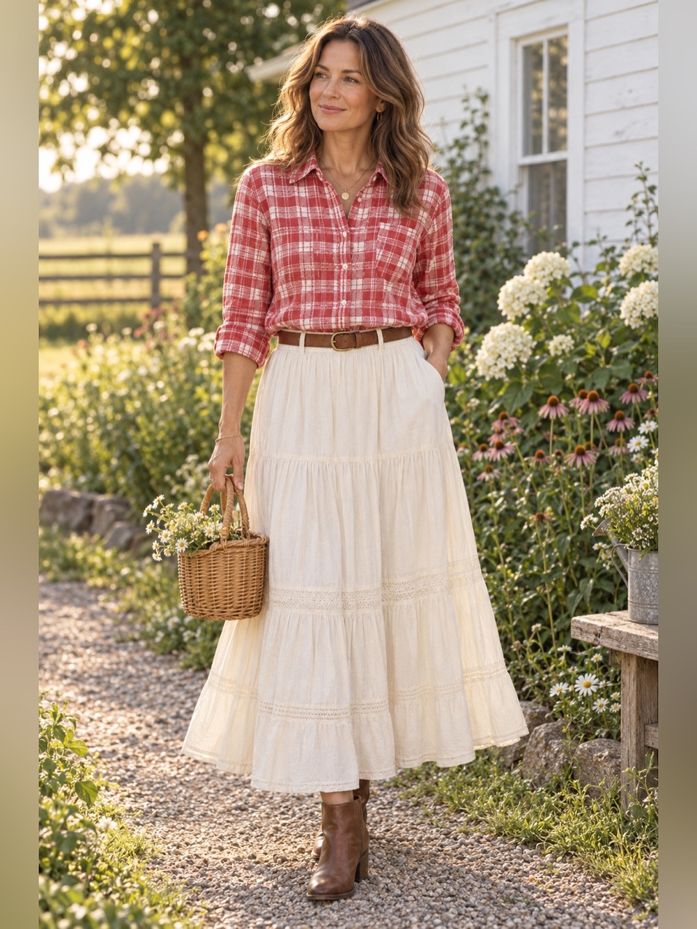 Preswick & Moore PXL Red Plaid Cotton Pintuck ShortSleeve Blouse Gingham Prairie